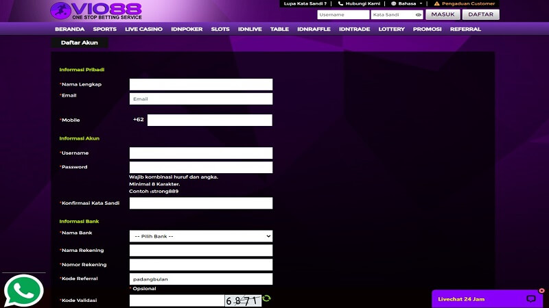 Form Pendaftaran akun situs vio88