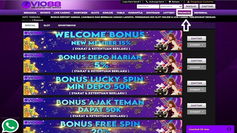 Tampilan Promosi dan Bonus yang ada di situs Vio88