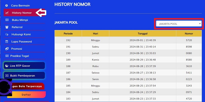 Menu History Nomor