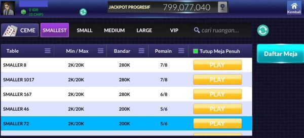 Menu Memilih Daftar Meja Taruhan Ceme