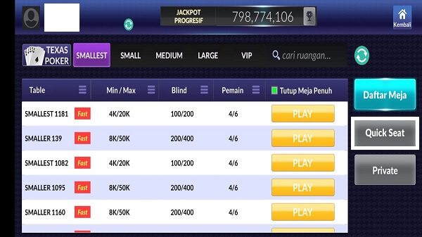 tampilan pemilihan meja di aplikasi idn poker